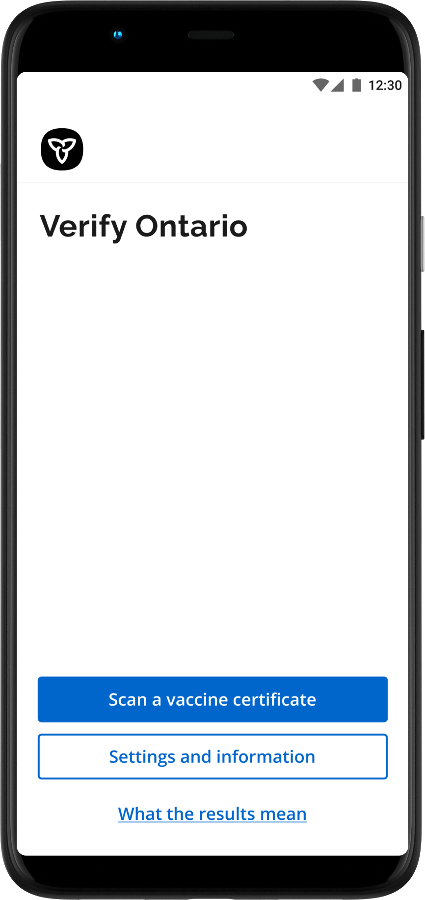 Home screen of the Verify Ontario app